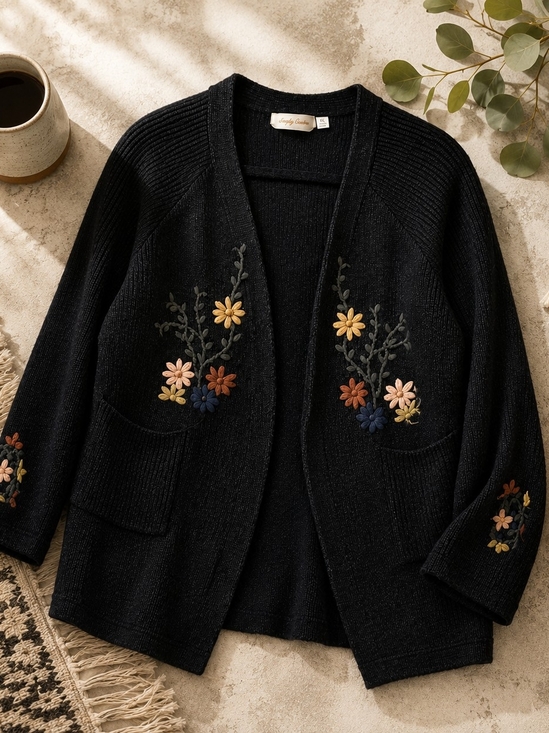 Simply Couture Sweaters - Simply Couture Floral Embroidered Cardigan Sweater Open Front Knit Pockets Ptp23